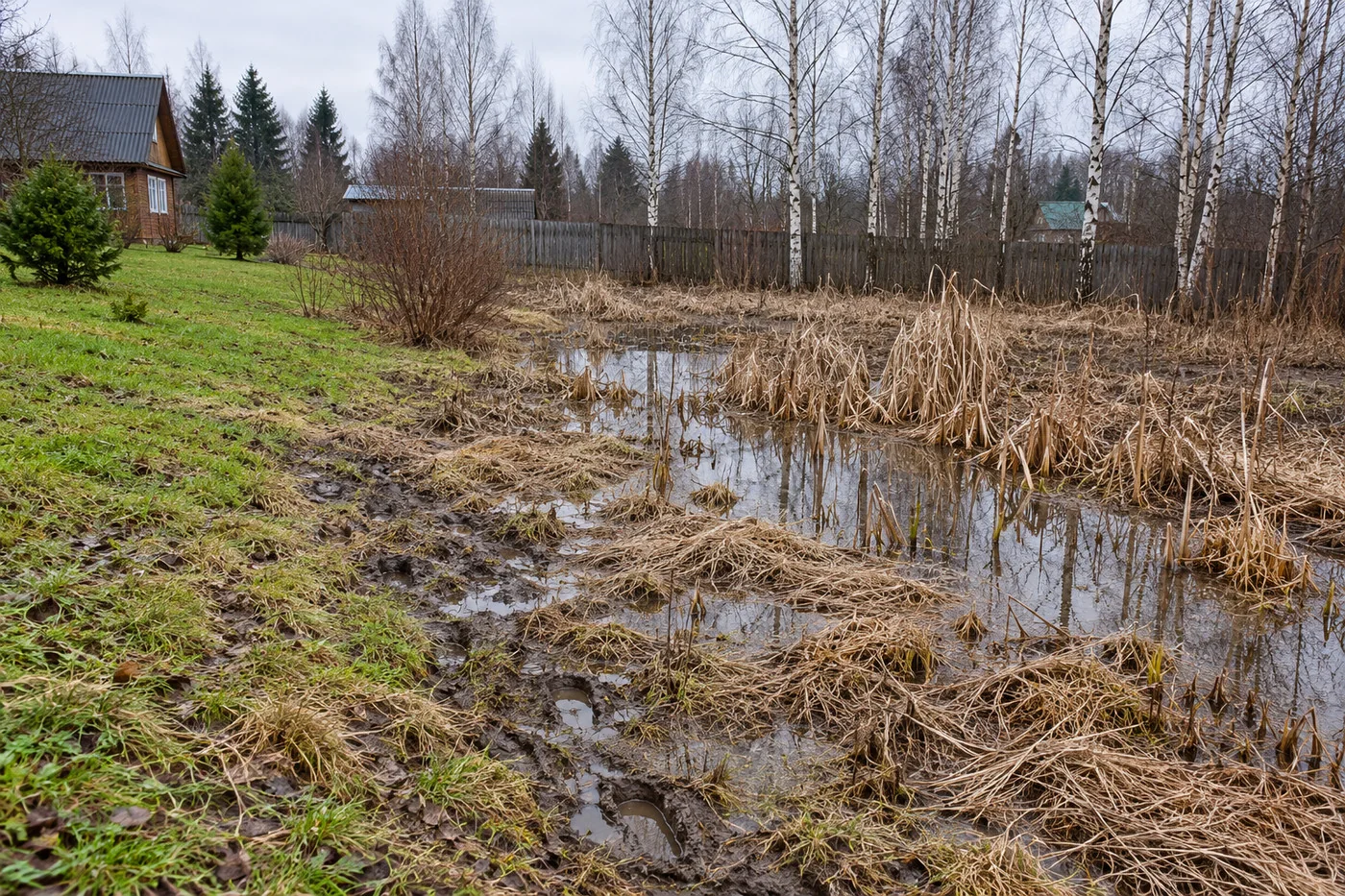 Низина на дачном участке весной: лужи талой воды, осока и сухой камыш