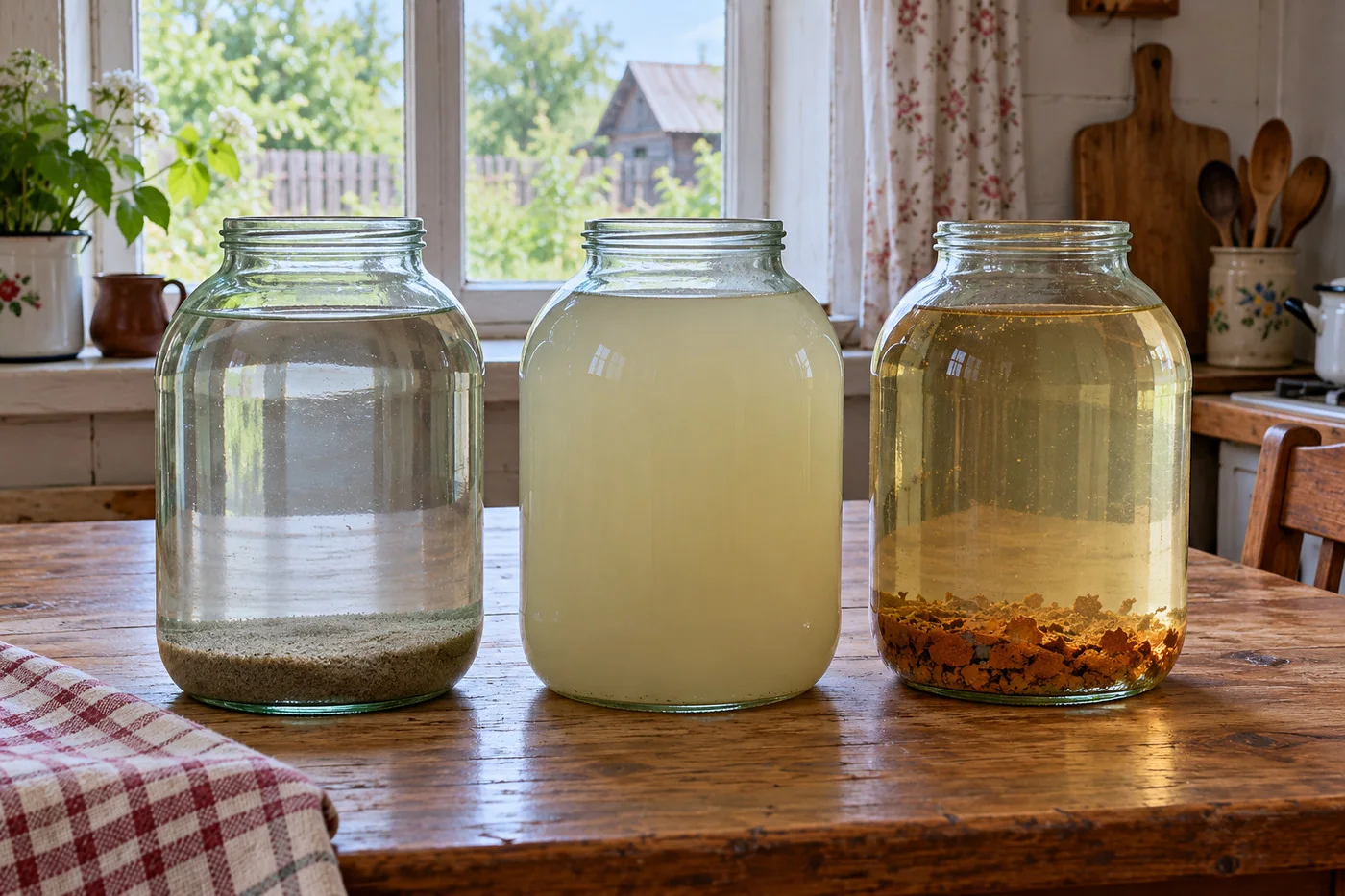 Три банки колодезной воды после отстаивания: песок на дне, глинистая муть и рыжий осадок железа
